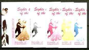 Somaliland 1999 Fred Astaire & Ginger Rodgers from Sights & Sounds of the Century - set of 5 imperf progressive colour proofs comprising various colour combinations incl ..., stamps on personalities, stamps on films, stamps on cinema, stamps on entertainments, stamps on dancing