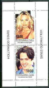 Touva 1995 Hollywood Stars #5 perf m/sheet containing 2 values (Pamela Anderson & Hugh Grant) unmounted mint, stamps on , stamps on  stamps on personalities, stamps on entertainments, stamps on theatre, stamps on films, stamps on cinema