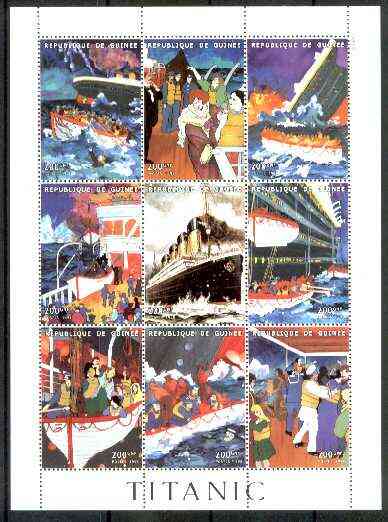 Guinea - Conakry 1998 Titanic perf sheetlet containing complete set of 9 values unmounted mint, stamps on , stamps on  stamps on films, stamps on cinema, stamps on entertainments, stamps on ships, stamps on titanic, stamps on disasters, stamps on shipwrecks