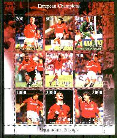 Abkhazia 1999 Manchester United (European Football Champions) perf sheetlet containing complete set of 9 values unmounted mint, stamps on , stamps on  stamps on football, stamps on  stamps on sport