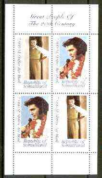 Somaliland 1999 Great People of the 20th Century - Elvis & Walt Disney perf sheetlet containing 4 x 7,500 sl Airmail values unmounted mint, stamps on films, stamps on entertainments, stamps on cinema, stamps on music, stamps on elvis, stamps on disney     , stamps on millennium