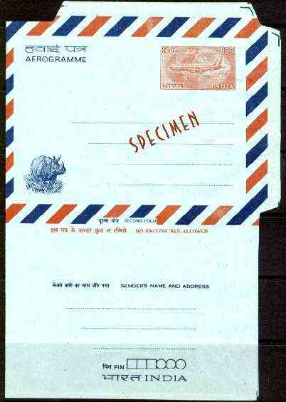 Aerogramme - India 1960c 85p p/stationery Aerogramme (Airoplane with Rhino in opposite corner) opt