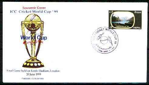 Nepal 1999 ICC Cricket World Cup illustrated cover with special cancellation, stamps on cricket