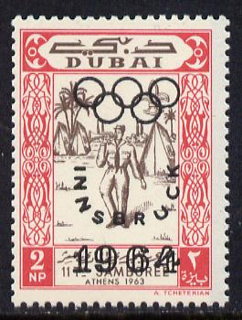 Dubai 1964 Olympic Games 2np (Scout Bugler) unmounted mint opt'd with SG type 12 (inscription in black, shield omitted), stamps on , stamps on  stamps on music   scouts   sport    olympics