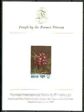 Bhutan 1985c Orchids (Ascocentrum ampullacem) 2.75nu imperf proof on Format International card, prepared for use but never issued, rare archive item (endorsed 2nd on back), stamps on , stamps on  stamps on flowers, stamps on orchids