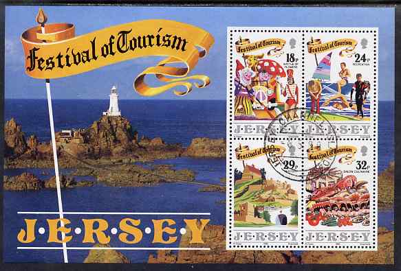 Jersey 1990 Festival of Tourism m/sheet fine cto used, SG 526, stamps on , stamps on  stamps on flowers, stamps on  stamps on children, stamps on  stamps on noddy, stamps on  stamps on enid blyton, stamps on  stamps on food & drink, stamps on  stamps on  marine life, stamps on  stamps on shells, stamps on  stamps on sports, stamps on  stamps on scuba, stamps on  stamps on lighthouses