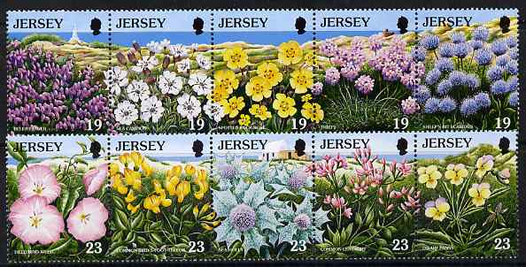 Jersey 1995 European Nature Conservation Year - Wild Flowers set of 10 unmounted mint, SG 707-16, stamps on , stamps on  stamps on flowers, stamps on  stamps on lighthouse, stamps on  stamps on roses, stamps on  stamps on pansy