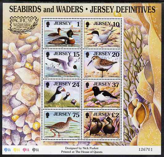 Jersey 1997-99 Seabirds & Waders perf m/sheet #1 containing 8 values (1p, 10p, 15p, 20p, 24p, 37p, 75p & \A32) with 'Pacific 97' logo unmounted mint SG MS 817, stamps on birds, stamps on stamp exhibitions