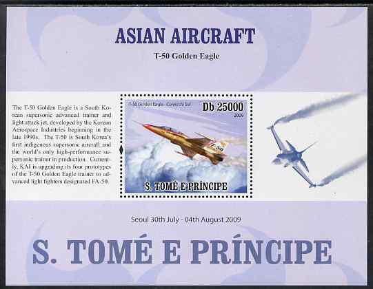 St Thomas & Prince Islands 2009 Asian Aircraft - T-50 perf s/sheet (English Text) unmounted mint, stamps on aviation