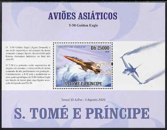 St Thomas & Prince Islands 2009 Asian Aircraft - T-50 perf s/sheet (Portuguese Text) unmounted mint, stamps on aviation