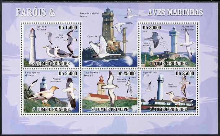 St Thomas & Prince Islands 2009 Lighthouses and Sea Birds perf sheetlet containing 5 values unmounted mint, stamps on lighthouses, stamps on birds