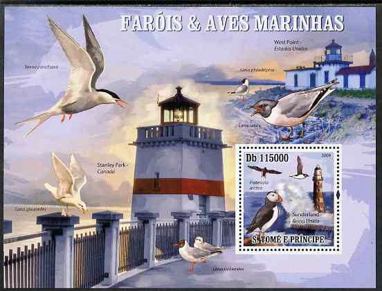 St Thomas & Prince Islands 2009 Lighthouses and Sea Birds - Puffin perf s/sheet unmounted mint, stamps on , stamps on  stamps on lighthouses, stamps on  stamps on birds, stamps on  stamps on puffins