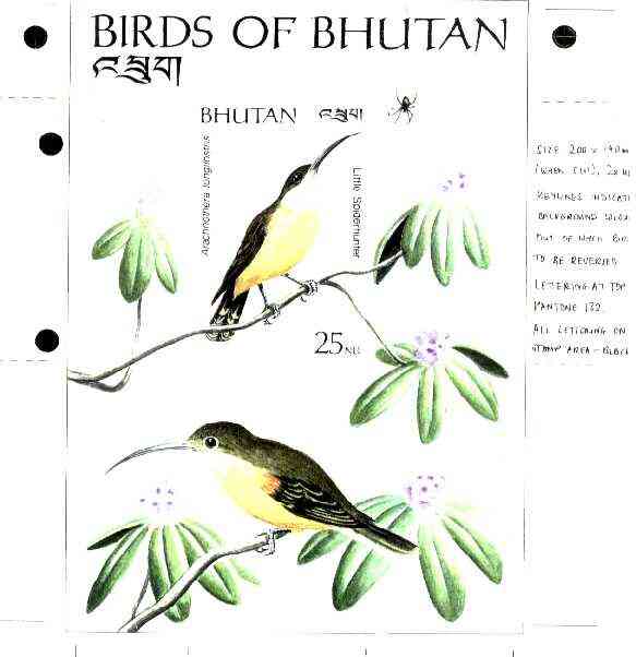 Bhutan 1989 Birds Intermediate stage computer-generated artwork for 25nu (Spiderhunter) m/sheet twice full size in issued colours without background colour, probably uniq..., stamps on birds, stamps on spiderhunter