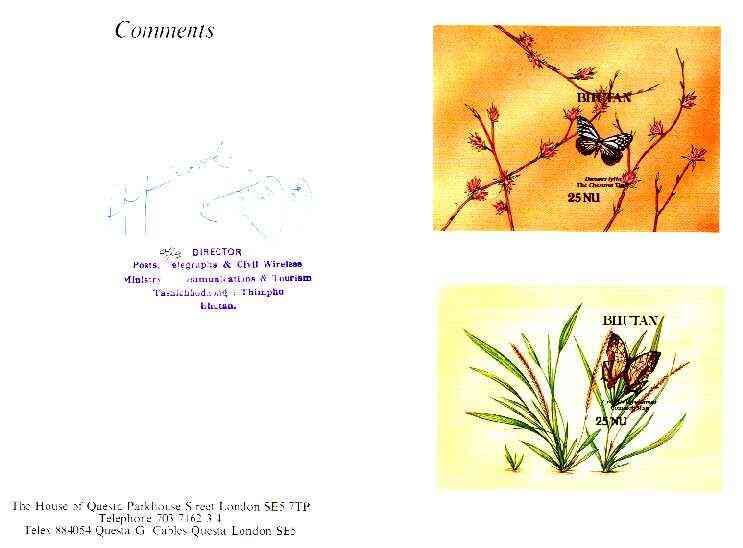 Bhutan 1990 Butterflies - Chestnut Tiger & Common Map imperf m/sheets mounted in Folder entitled Your Proofs from the House of Questa, signed and approved by Director PTT..., stamps on butterflies