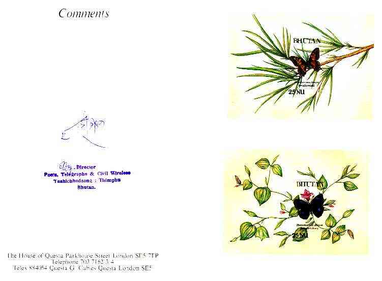 Bhutan 1990 Butterflies - Swallowtail & Jungle Glory imperf m/sheets mounted in Folder entitled Your Proofs from the House of Questa, signed and approved by Director PTT,..., stamps on butterflies