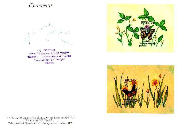 Bhutan 1990 Butterflies - Chequered Swallowtail & Common Birdwing imperf m/sheets mounted in Folder entitled 'Your Proofs from the House of Questa', signed and approved by Director PTT, exceptionally rare ex Government archives , stamps on , stamps on stamps on butterflies