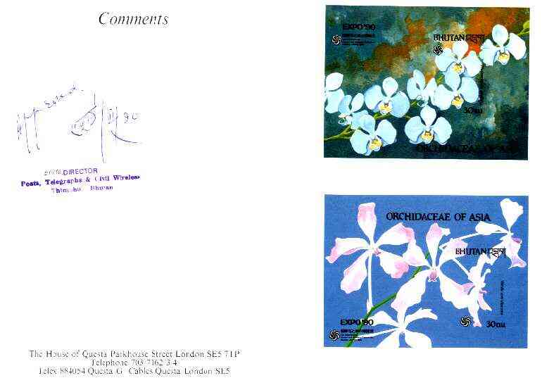 Bhutan 1990 Orchids - Phalaenopsis amabilis & Vanda coerulescens imperf m/sheets mounted in Folder entitled 'Your Proofs from the House of Questa', signed and approved by Director PTT, exceptionally rare ex Government archives (Sc 885 & 882), stamps on , stamps on stamps on orchids, stamps on flowers