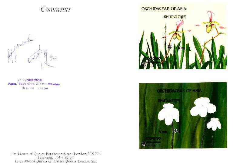 Bhutan 1990 Orchids - Paphiopedilum haynaldianum & Paphiopedilum niveum imperf m/sheets mounted in Folder entitled 'Your Proofs from the House of Questa', signed and approved by Director PTT, exceptionally rare ex Government archives (Sc 886 & 892), stamps on , stamps on  stamps on orchids, stamps on flowers