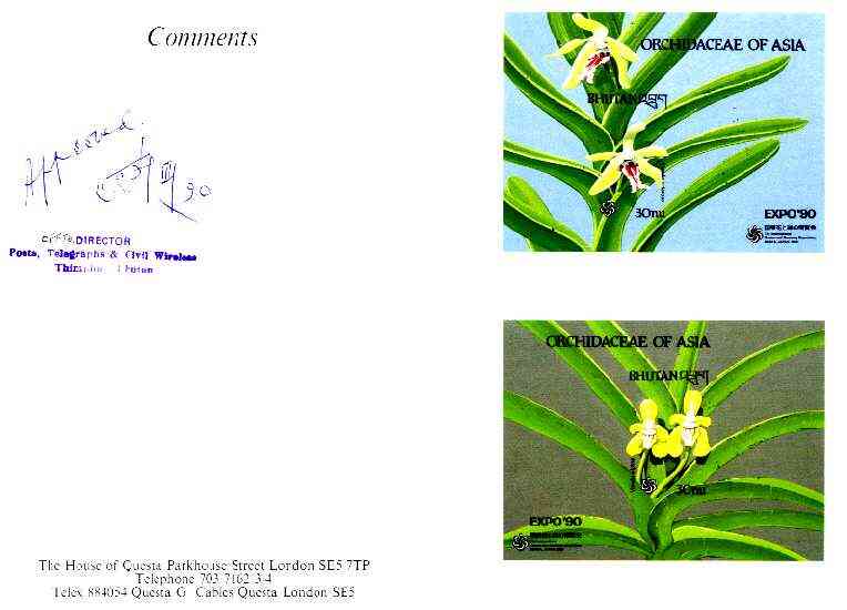 Bhutan 1990 Orchids - Vanda cristata & Vanda alpina imperf m/sheets mounted in Folder entitled Your Proofs from the House of Questa, signed and approved by Director PTT, ..., stamps on orchids, stamps on flowers