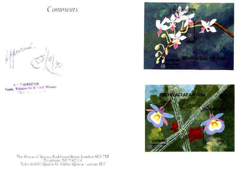 Bhutan 1990 Orchids - Phalaenopsis equestris & Dendrobium loddigesii imperf m/sheets mounted in Folder entitled 'Your Proofs from the House of Questa', signed and approved by Director PTT, exceptionally rare ex Government archives (Sc 889 & 887), stamps on , stamps on stamps on orchids, stamps on flowers
