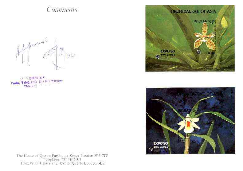 Bhutan 1990 Orchids - Phalaenopsis cornu-cervi & Dendrobium margaritaceeum imperf m/sheets mounted in Folder entitled Your Proofs from the House of Questa, signed and app..., stamps on orchids, stamps on flowers