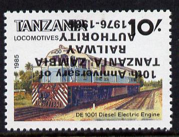Tanzania 1987 Railway Anniversary 10s with overprint inverted (SG 543var) unmounted mint, stamps on railways