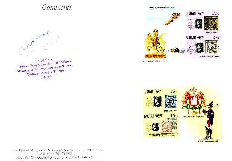 Bhutan 1990 150th Anniversary of Penny Black - Zeppelin & Postillion imperf m/sheets mounted in Folder entitled 'Your Proofs from the House of Questa', signed and approved by Director PTT, exceptionally rare ex Government archives , stamps on stamp centenary, stamps on stamp on stamp, stamps on aviation, stamps on airships, stamps on postman, stamps on stamp exhibitions, stamps on zeppelins, stamps on stamponstamp