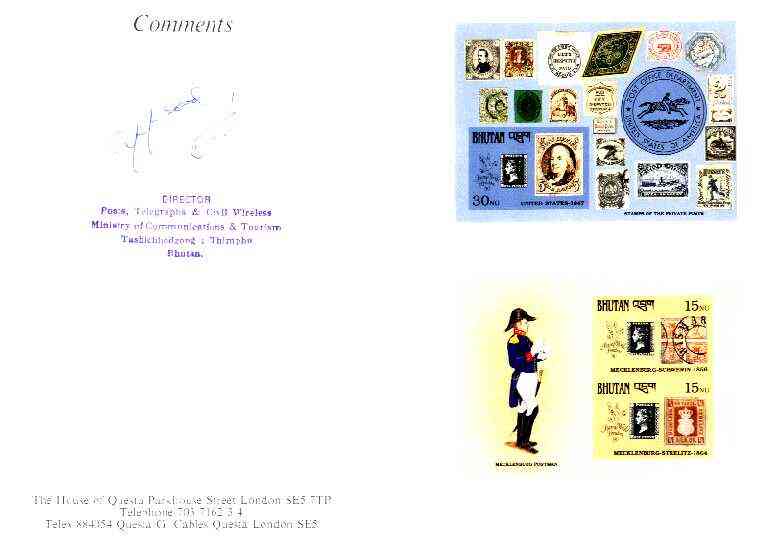 Bhutan 1990 150th Anniversary of Penny Black - Private Post Stamps & Postman imperf m/sheets mounted in Folder entitled 'Your Proofs from the House of Questa', signed and approved by Director PTT, exceptionally rare ex Government archives , stamps on , stamps on  stamps on stamp centenary, stamps on stamp on stamp, stamps on postman, stamps on stamp exhibitions, stamps on  stamps on stamponstamp