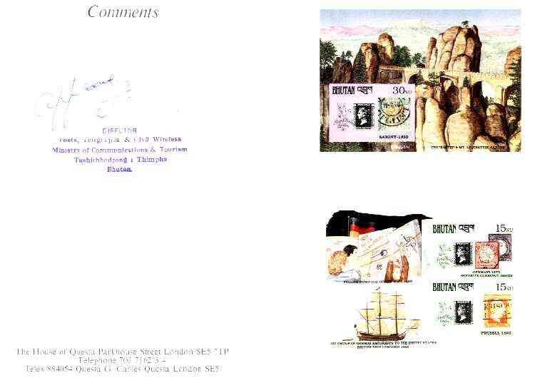 Bhutan 1990 150th Anniversary of Penny Black - Berlin Wall & the Baster, Saxony imperf m/sheets mounted in Folder entitled 'Your Proofs from the House of Questa', signed and approved by Director PTT, exceptionally rare ex Government archives , stamps on , stamps on stamps on stamp centenary, stamps on stamp on stamp, stamps on ships, stamps on bridges, stamps on stamp exhibitions, stamps on stamps on stamponstamp
