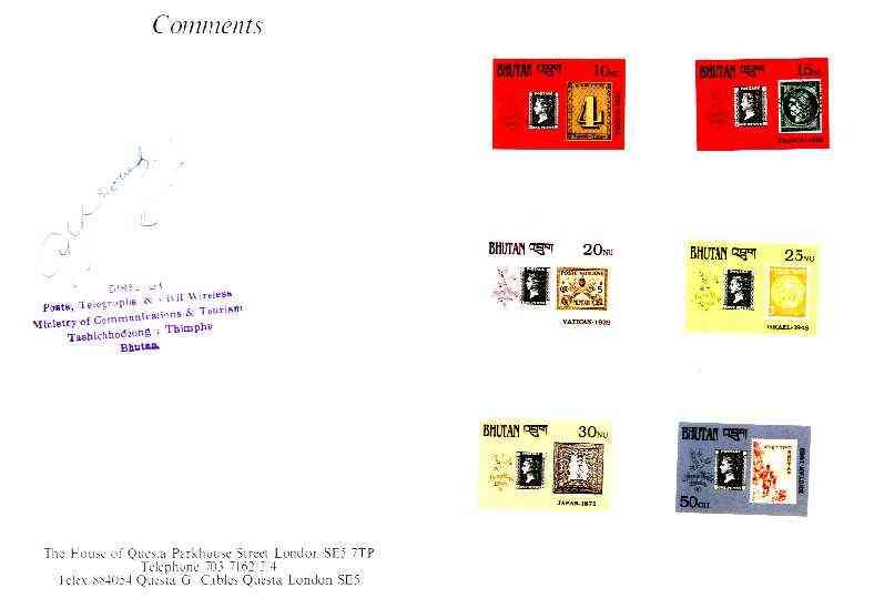 Bhutan 1990 150th Anniversary of Penny Black - 6 imperf values (10, 15, 20, 25, 30nu & 50ch) mounted in Folder entitled Your Proofs from the House of Questa, signed and a..., stamps on stamp centenary, stamps on stamp on stamp, stamps on stamp exhibitions, stamps on stamponstamp