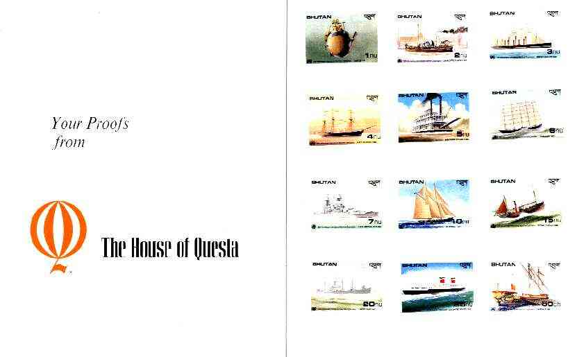 Bhutan 1989 International Maritime Organisation - the complete set of 12 imperf values mounted in Folder entitled 'Your Proofs from the House of Questa', exceptionally rare ex Government archives (as Sc 737-48), stamps on , stamps on  stamps on ships, stamps on paddle steamers, stamps on 