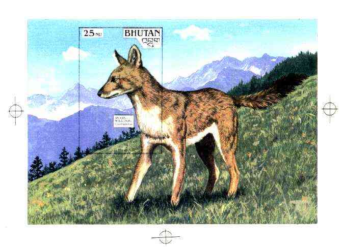 Bhutan 1990 Endangered Wildlife - Intermediate stage computer-generated artwork (as submitted for approval) for 25nu m/sheet (Asiatic Wild Dog) 200 x 140 mm similar to issued design but lettering different, ex Government archives and probably unique, stamps on , stamps on  stamps on animals, stamps on dogs