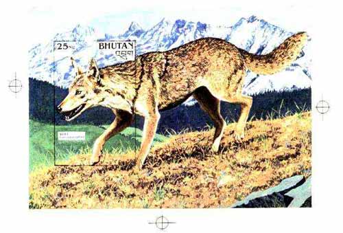 Bhutan 1990 Endangered Wildlife - Intermediate stage computer-generated artwork (as submitted for approval) for 25nu m/sheet (Wolf) 200 x 140 mm similar to issued design ..., stamps on animals, stamps on dogs, stamps on wolf
