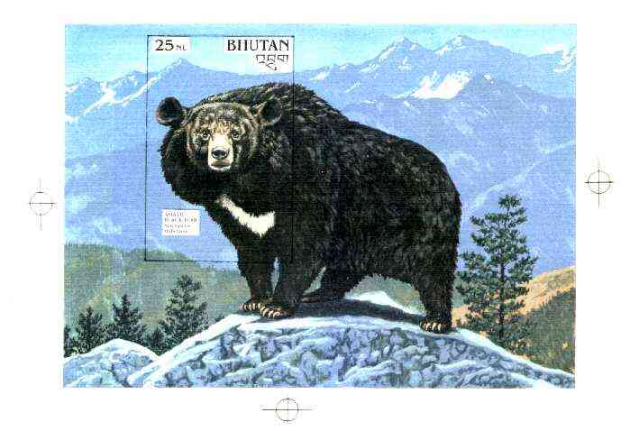 Bhutan 1990 Endangered Wildlife - Intermediate stage computer-generated artwork (as submitted for approval) for 25nu m/sheet (Asiatic Black Bear) 200 x 140 mm as issued d..., stamps on animals, stamps on bears