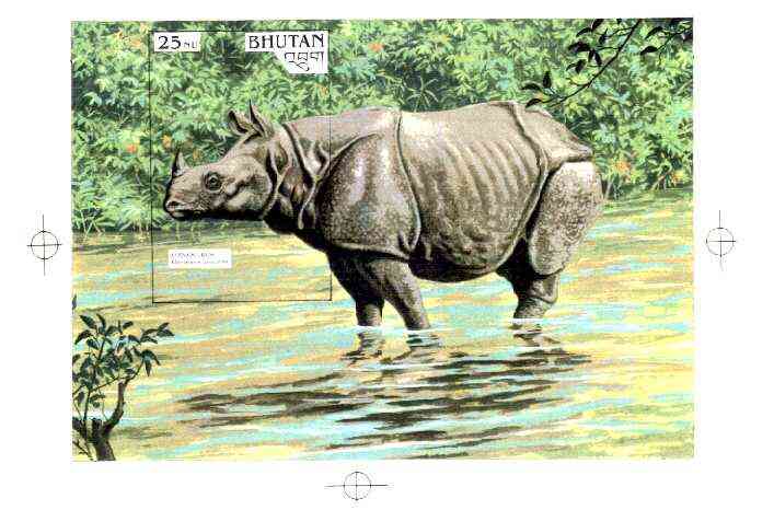 Bhutan 1990 Endangered Wildlife - Intermediate stage computer-generated artwork (as submitted for approval) for 25nu m/sheet (Rhinoceros) 200 x 140 mm similar to issued design but lettering different, ex Government archives and probably unique, stamps on , stamps on  stamps on animals, stamps on rhino