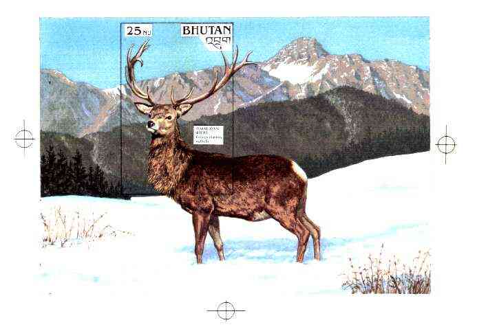 Bhutan 1990 Endangered Wildlife - Intermediate stage computer-generated artwork (as submitted for approval) for 25nu m/sheet (Himalayan Shou) 200 x 140 mm as issued desig..., stamps on animals, stamps on deer