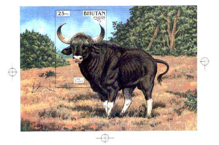 Bhutan 1990 Endangered Wildlife - Intermediate stage computer-generated artwork (as submitted for approval) for 25nu m/sheet (Gaur) 200 x 140 mm as issued design but lettering different, ex Government archives and probably unique, stamps on , stamps on  stamps on animals, stamps on bovine