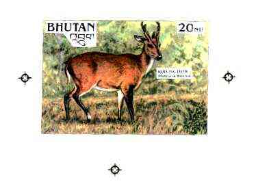 Bhutan 1990 Endangered Wildlife - Intermediate stage computer-generated artwork (as submitted for approval) for 20nu (Barking Deer) twice stamp size similar to issued des..., stamps on animals, stamps on deer