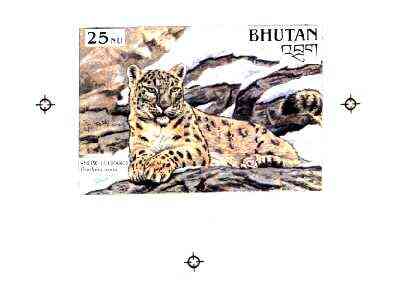 Bhutan 1990 Endangered Wildlife - Intermediate stage computer-generated artwork (as submitted for approval) for 25nu (Snow Leopard) twice stamp size similar to issued design but lettering different, ex Government archives and probably unique, stamps on , stamps on  stamps on animals, stamps on cats, stamps on leopard