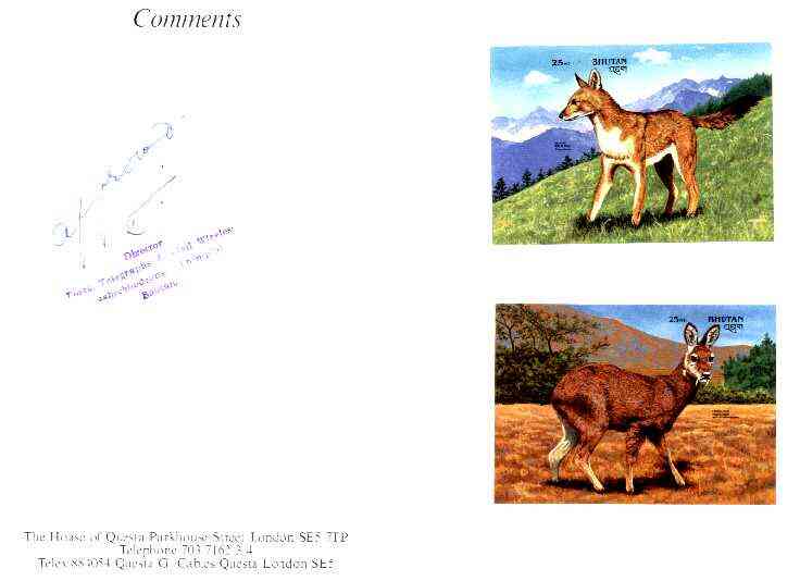 Bhutan 1990 Endangered Wildlife - 25nu (Wild Dog) & 25nu (Musk Deer) imperf m/sheets mounted in Folder entitled 'Your Proofs from the House of Questa', signed and approved by Director PTT, exceptionally rare ex Government archives  (Sc 932 & 935), stamps on , stamps on  stamps on animals, stamps on dogs, stamps on deer