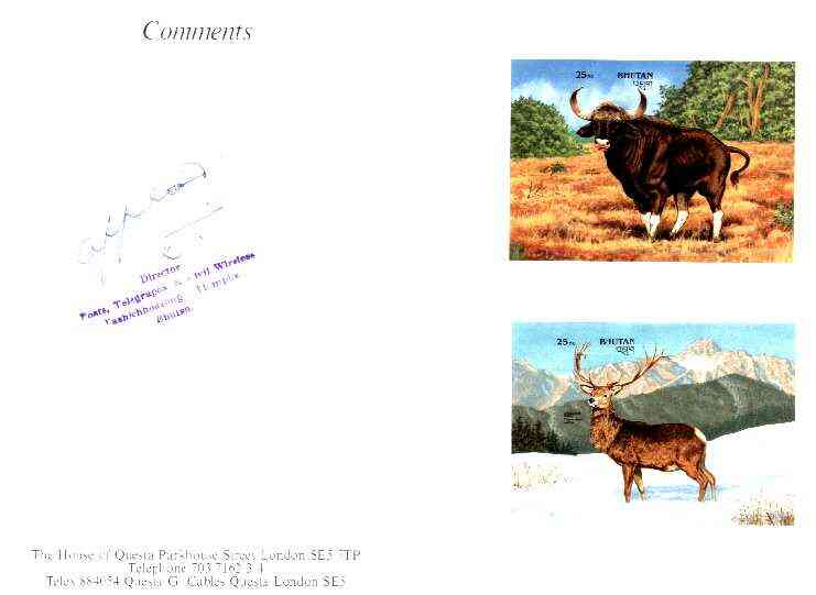 Bhutan 1990 Endangered Wildlife - 25nu (Gaur) & 25nu (Himalayan Shou) imperf m/sheets mounted in Folder entitled Your Proofs from the House of Questa, signed and approved..., stamps on animals, stamps on bovine, stamps on gaur, stamps on deer