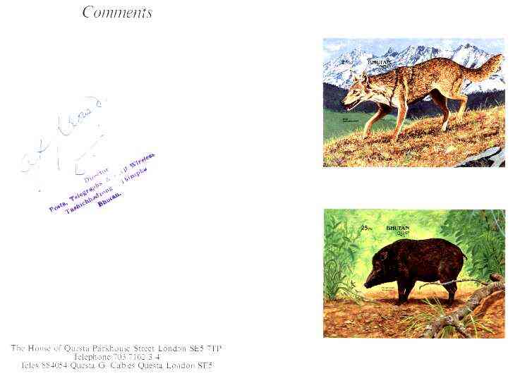 Bhutan 1990 Endangered Wildlife - 25nu (Wolf) & 25nu (Pygmy Hog) imperf m/sheets mounted in Folder entitled 'Your Proofs from the House of Questa', signed and approved by Director PTT, exceptionally rare ex Government archives (Sc 939 & 940), stamps on , stamps on stamps on animals, stamps on dogs, stamps on hog, stamps on swine