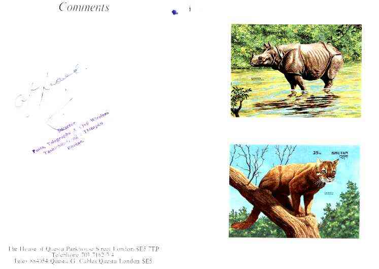 Bhutan 1990 Endangered Wildlife - 25nu (Rhino) & 25nu (Golden Cat) imperf m/sheets mounted in Folder entitled Your Proofs from the House of Questa, signed and approved by..., stamps on animals, stamps on cats, stamps on rhino