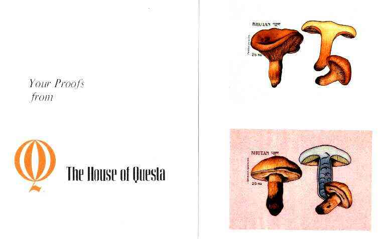 Bhutan 1989 Fungi - 25nu (Paxillus involutus) & 25nu (Gyroporus cyanescens) imperf m/sheets mounted in Folder entitled 'Your Proofs from the House of Questa', exceptionally rare ex Government archives  (Sc 729 & 730), stamps on , stamps on  stamps on fungi