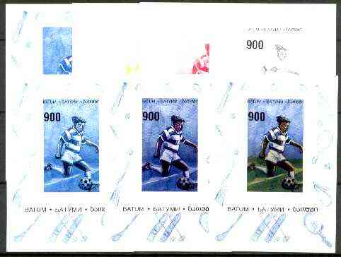 Batum 1996 Sports - Football 900 value sheetlet - the set of 7 imperf progressive proofs comprising the 4 individual colours, plus 2, 3 and all 4-colour composites unmoun..., stamps on sport, stamps on football