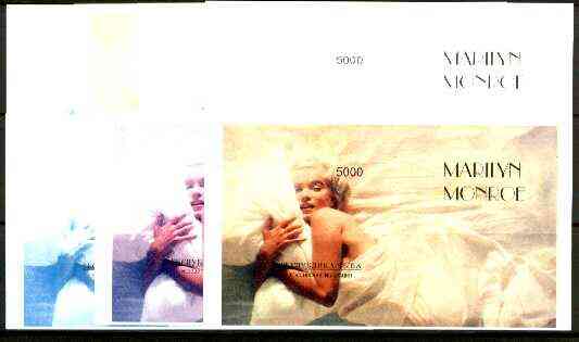 Touva 1996 Marilyn Monroe souvenir sheet (5000 value rectangular) - the set of 7 imperf progressive proofs comprising the 4 individual colours, plus 2, 3 and all 4-colour composites unmounted mint, stamps on , stamps on  stamps on music, stamps on personalities, stamps on entertainments, stamps on films, stamps on cinema, stamps on marilyn monroe