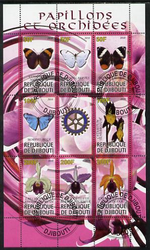 Djibouti 2010 Butterflies & Orchids #2 perf sheetlet containing 8 values plus label with Rotary logo fine cto used, stamps on , stamps on  stamps on butterflies, stamps on  stamps on orchids, stamps on  stamps on flowers, stamps on  stamps on rotary