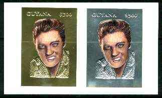Guyana 1995 Elvis Presley 60th Birthday sheetlet in card containing two $300 values embossed in gold & silver foil (1 of each with plain edges) , stamps on music, stamps on personalities, stamps on elvis, stamps on entertainments, stamps on films, stamps on cinema