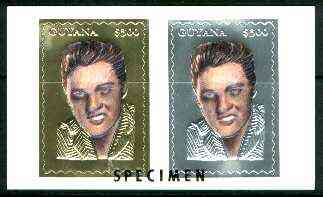 Guyana 1995 Elvis Presley 60th Birthday sheetlet in card containing two $300 values embossed in gold & silver foil (1 of each with saw-tooth edges) overprinted SPECIMEN, stamps on , stamps on  stamps on music, stamps on personalities, stamps on elvis, stamps on entertainments, stamps on films, stamps on cinema