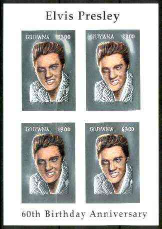 Guyana 1995 Elvis Presley 60th Birthday m/sheet in card containing four $300 values embossed in silver foil (with plain edges) from a numbered limited printing, stamps on music, stamps on personalities, stamps on elvis, stamps on entertainments, stamps on films, stamps on cinema